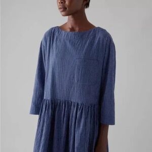 TOAST UK Boatneck Midi Dress Blue & White Gingham Crinkle Size 18